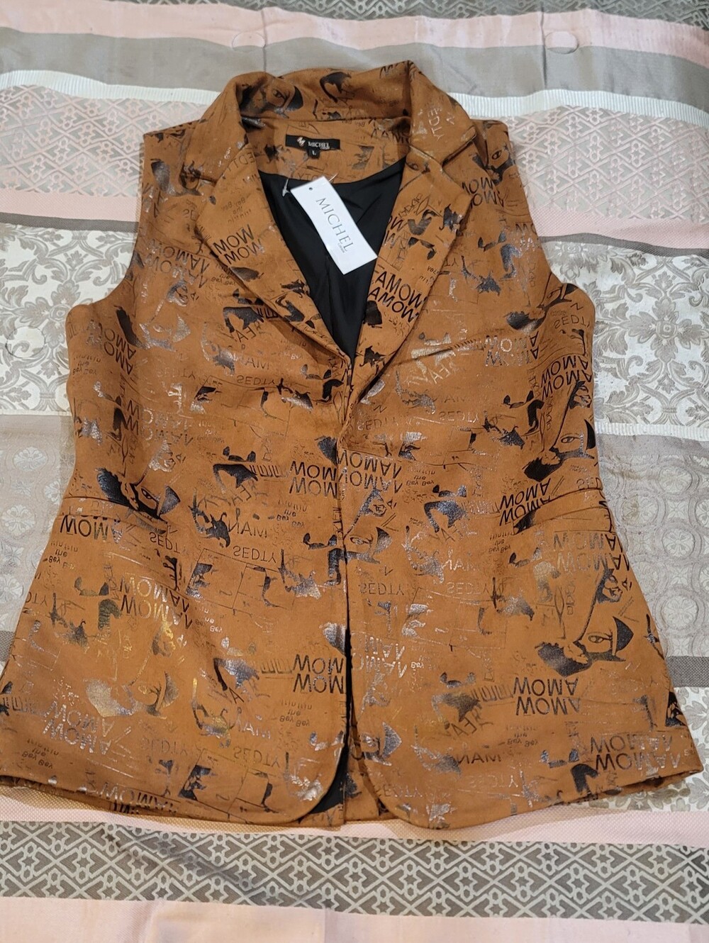 Michel Rust Brown Printed Sleeveless Blazer Vest